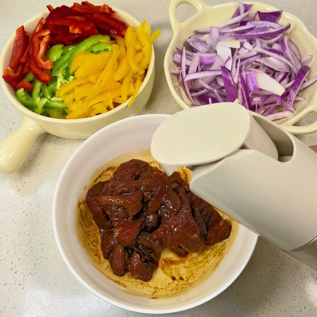 味付けして濃い色になった豚肉の細切りが入ったボウルに、白いスプレーボトルでオイルを吹き付けている様子。背景には下ごしらえした野菜が見える。