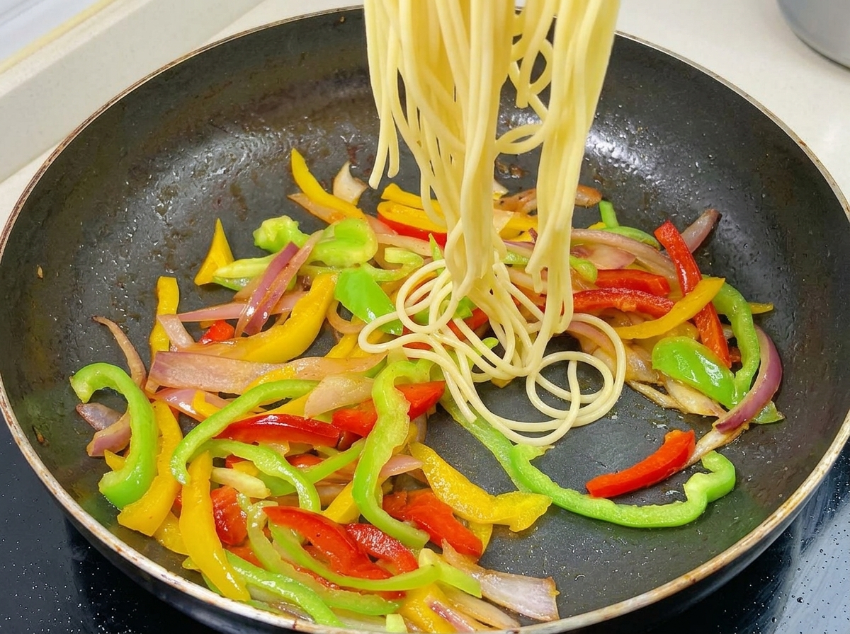 炒めた赤・黄・緑のパプリカと玉ねぎが入ったフライパンに、茹で上がったスパゲティを加えている様子。