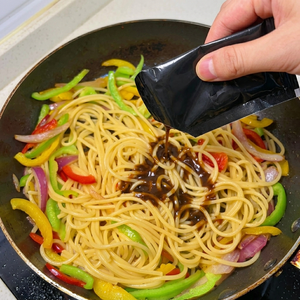 熱いフライパンの中で、茹でたスパゲティと鮮やかなパプリカの上に、パックから濃い色の黒胡椒ソースを注いでいる手。