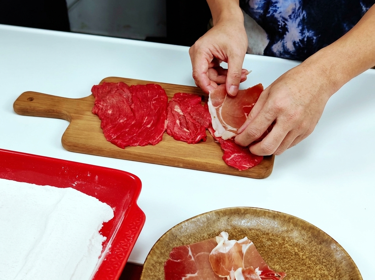 まな板の上の生の仔牛肉に、薄くてピンク色のプロシュート（生ハム）を手で重ねている様子