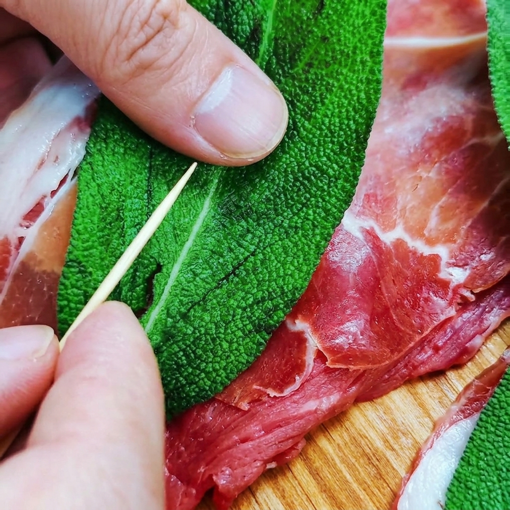 緑色のセージの葉、ピンク色の生ハム、赤色の仔牛肉に、木製のつまようじを刺して固定している手元のアップ