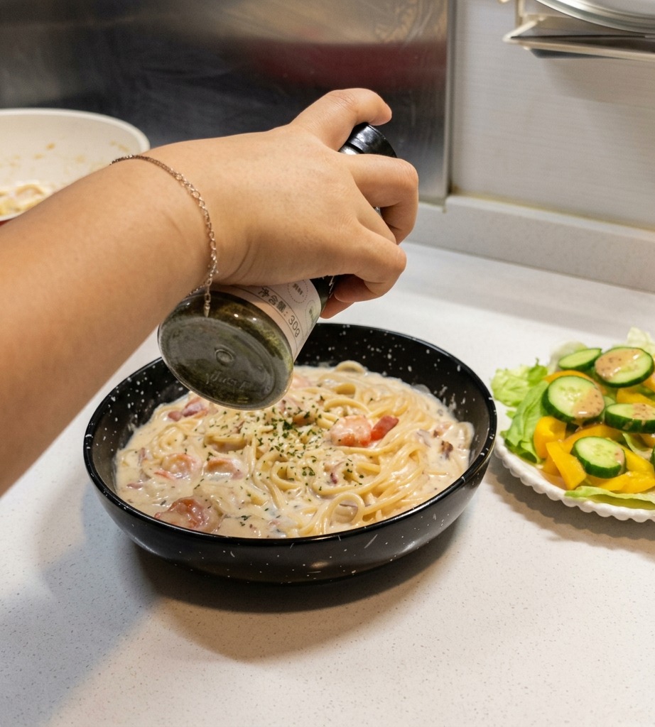 完成したクリームパスタのボウルの上に、スパイスボトルから緑色の乾燥パセリを振りかけている手。