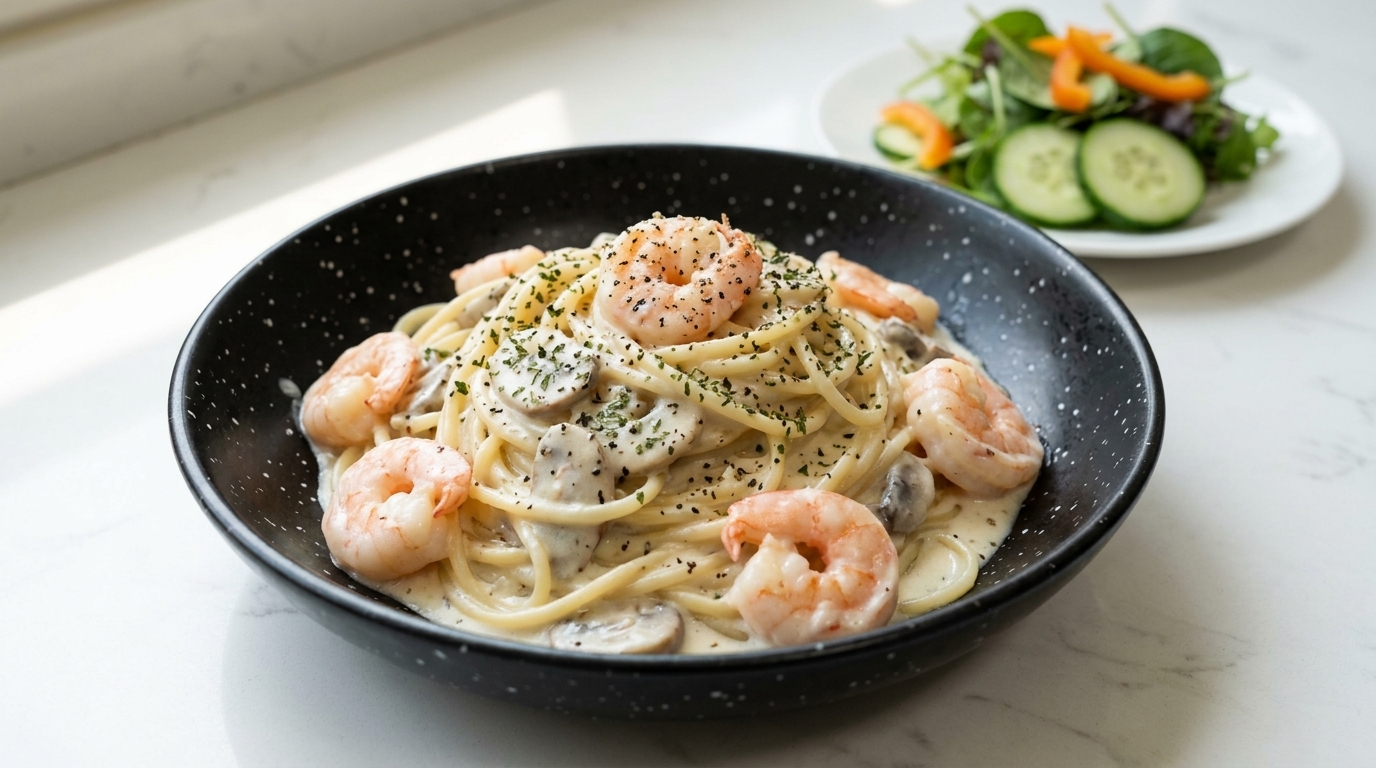 生クリームなしで濃厚！低脂質エビとマッシュルームのホワイトソースパスタ