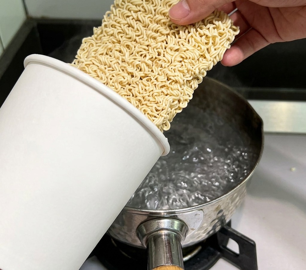 沸騰したステンレスの鍋に、乾燥したちぢれインスタント麺を入れている様子