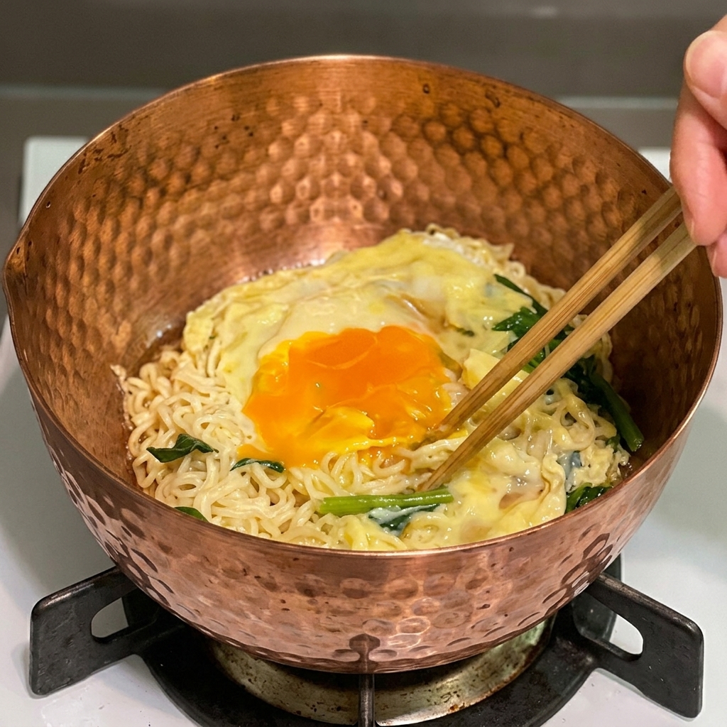 銅製の鍋の中で、麺とほうれん草の上にのったとろけるチーズと半熟卵を、箸で混ぜ合わせている様子