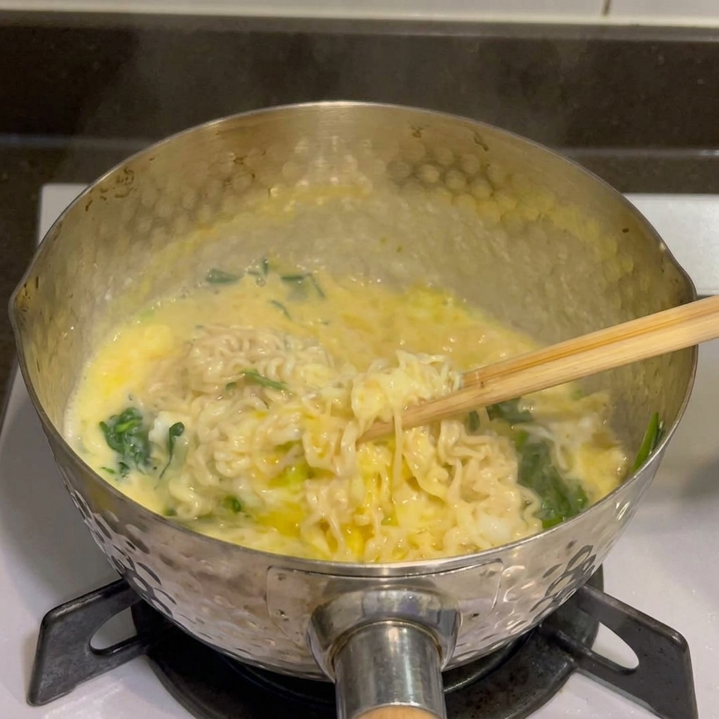 鍋の中のクリーミーなチーズラーメンとほうれん草に、黒コショウを振って仕上げているクローズアップ写真