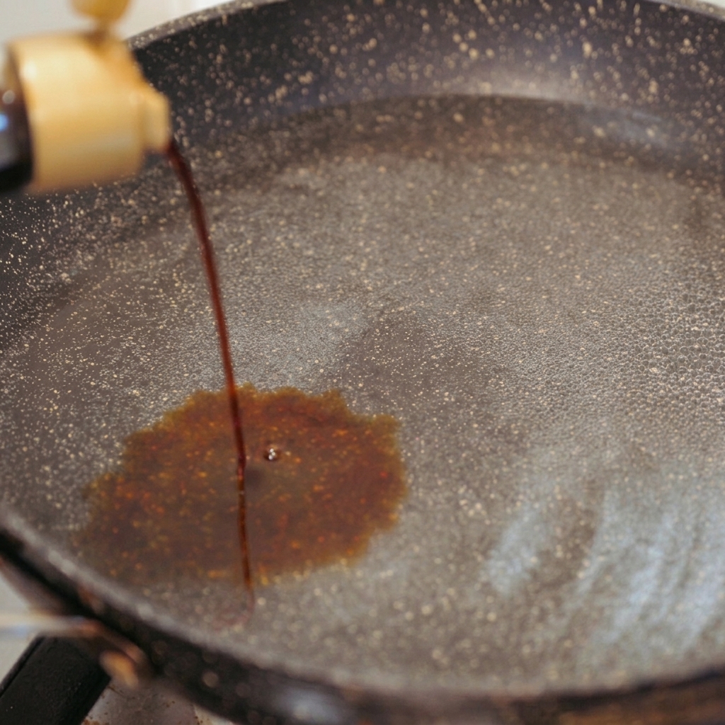 ゴールドのキャップのボトルから濃い茶色の醤油がフライパンに注がれ、お湯に広がっていく様子。