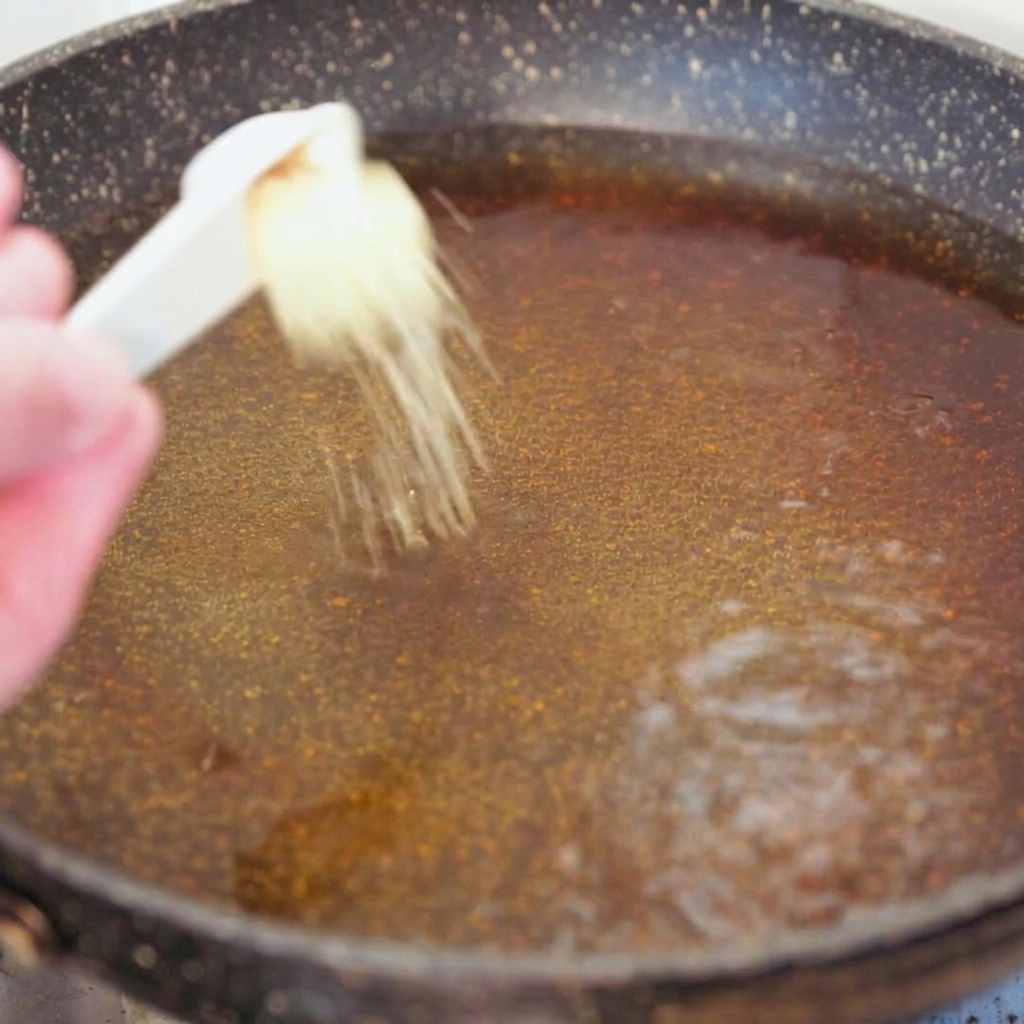 煮立つスープの中に、全粒粉スパゲッティの乾麺と少量の鶏ガラスープの素を投入している手元。