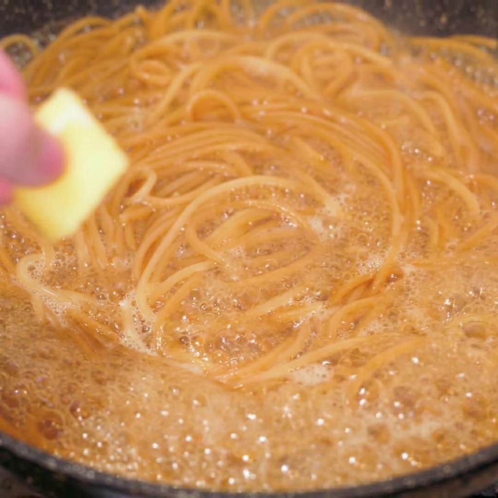 水分がとろりと煮詰まった全粒粉スパゲッティのフライパンの中央に、四角いバターを落としたところのアップ。