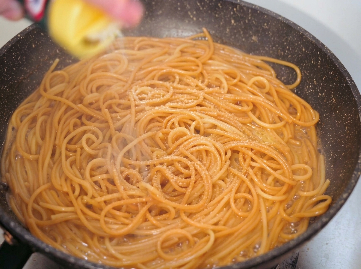 黒いフライパンの中のパスタに向けて、容器から黄色い粉チーズをたっぷりと振りかけている様子。
