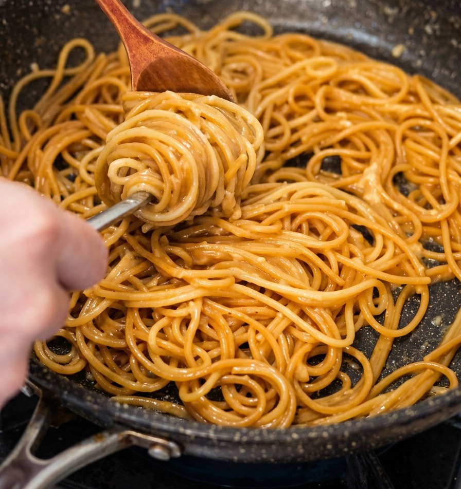フライパンの中で、木製スプーンとフォークを使ってチーズパスタをくるくると綺麗に巻いているクローズアップ。