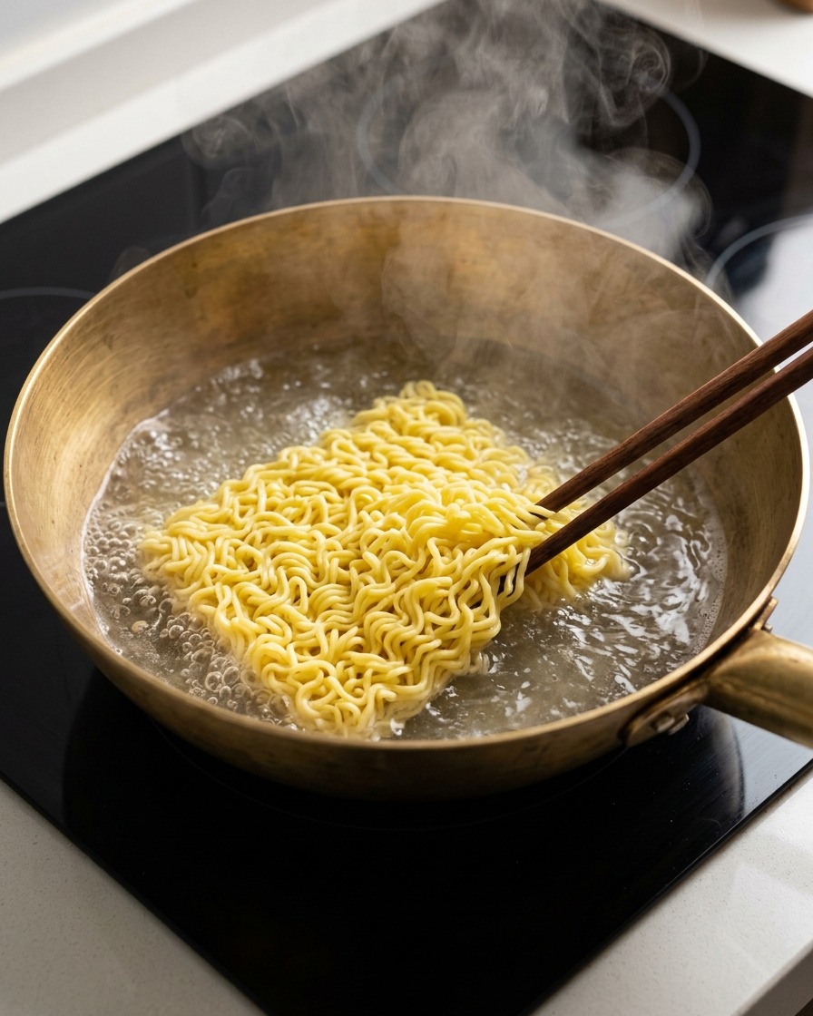 真鍮の鍋で沸騰したお湯に、木箸を使って黄色のノンフライ小麦麺を入れている様子。