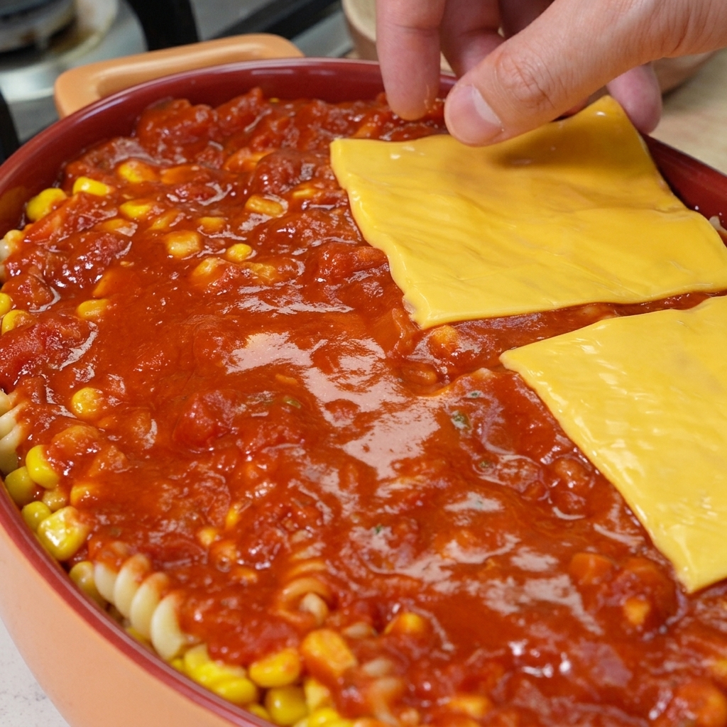 耐熱皿に広げた赤いパスタソースの上に、四角い黄色のチェダーチーズスライスを手で並べている様子。