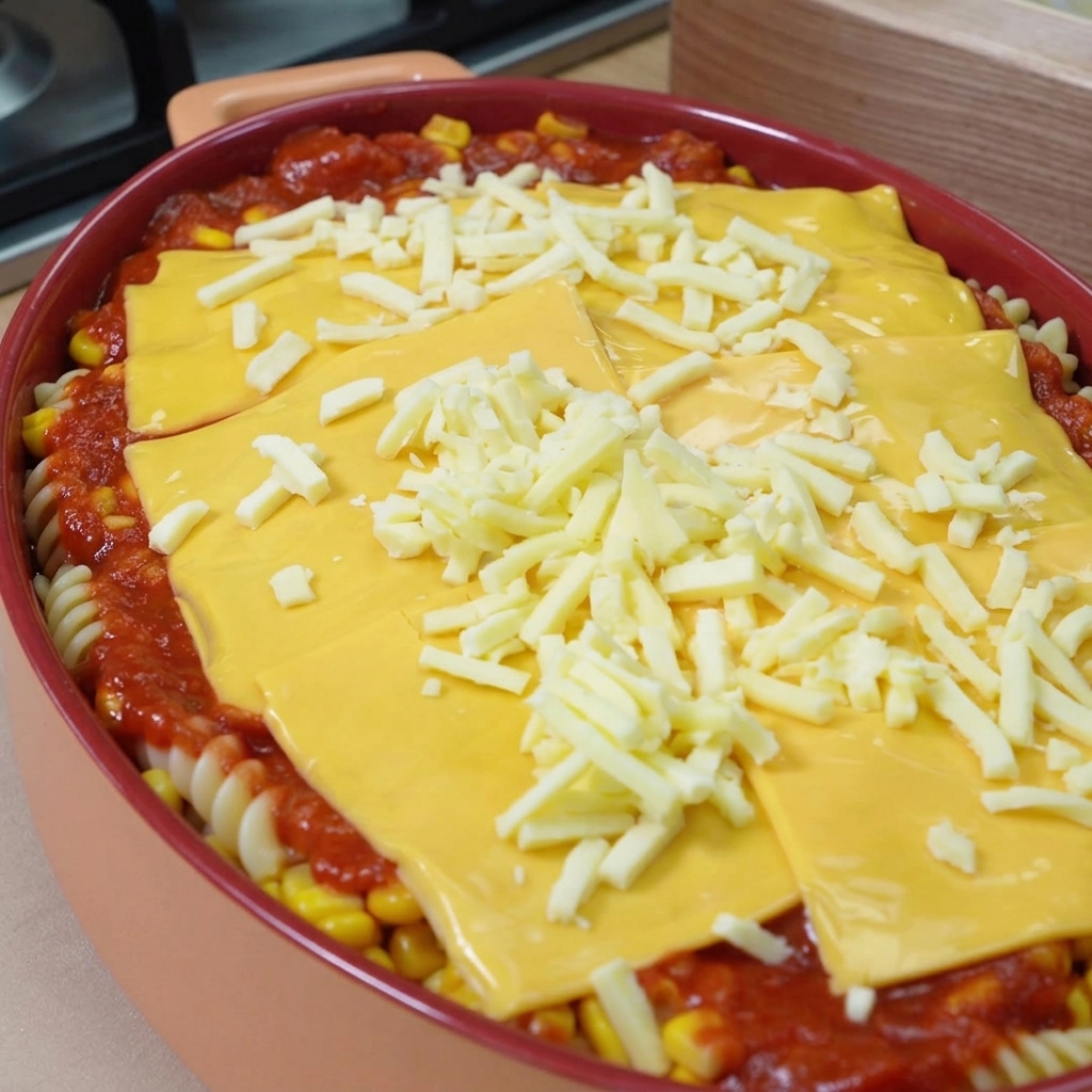 パスタとソース、チェダーチーズを重ねた耐熱皿の上に、たっぷりの白いシュレッドモッツァレラチーズがのっている様子。