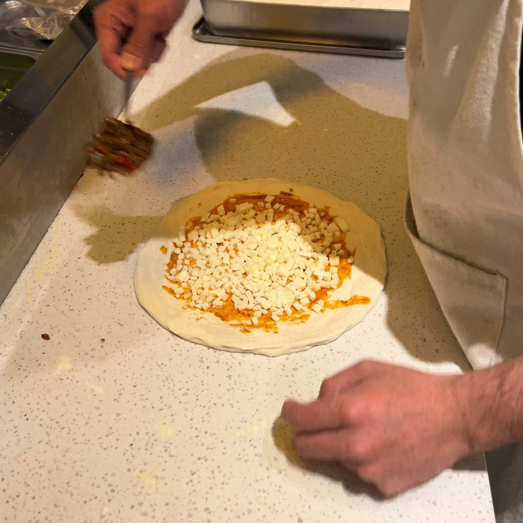赤いソースと白い角切りチーズがのった生のピザ生地に、小さなスパチュラを使ってさらにトッピングを追加している様子。