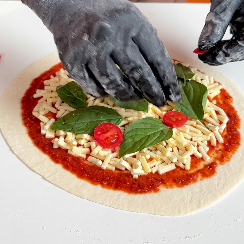 シュレッドチーズとバジルがのった焼く前のピザ生地に、黒い手袋をはめた手で半分に切った赤色のチェリートマトを並べているクローズアップ。