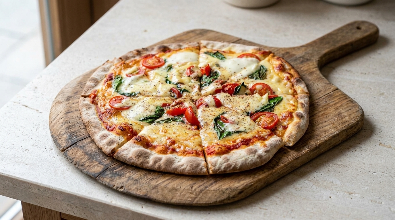 木製のピザピールにのせられた、とろけるモッツァレラと鮮やかなチェリートマトが食欲をそそる焼き立てのマルゲリータピザ。