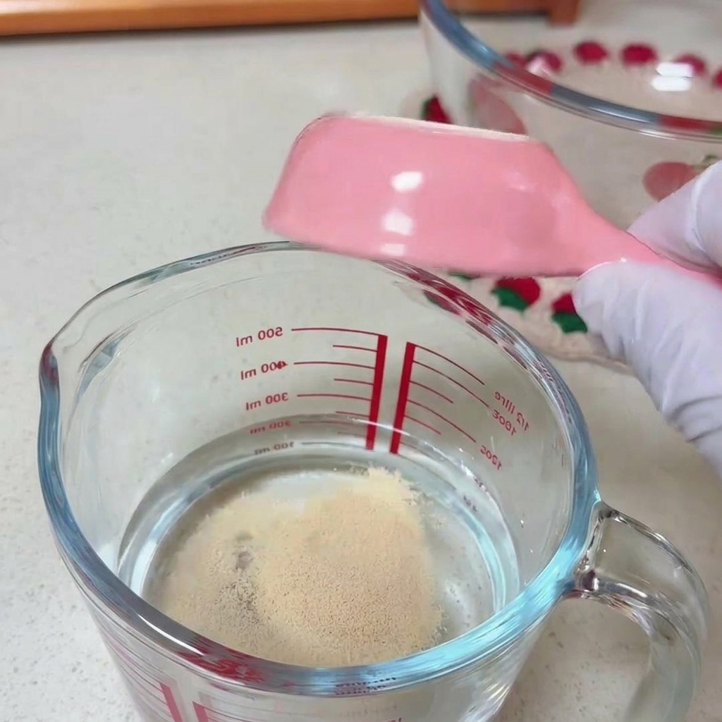 白い手袋を着用した人が、ピンクのプラスチック製スプーンを使い、ガラスの計量カップに入った水にドライイーストを混ぜている様子。