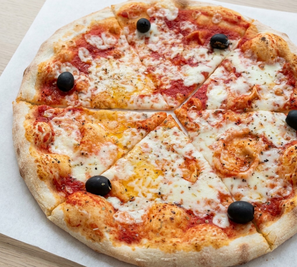 白いクッキングシートの上で、オリーブと溶けたチーズがのった焼き立てのピザを6等分にカットした様子。