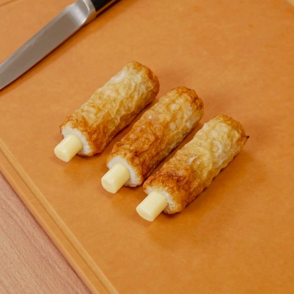 ちくわの中にさけるチーズを詰めている様子