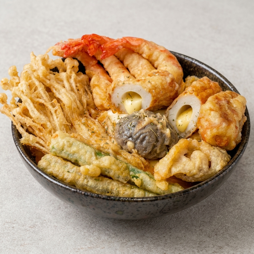 椎茸とオクラを衣に潜らせている様子