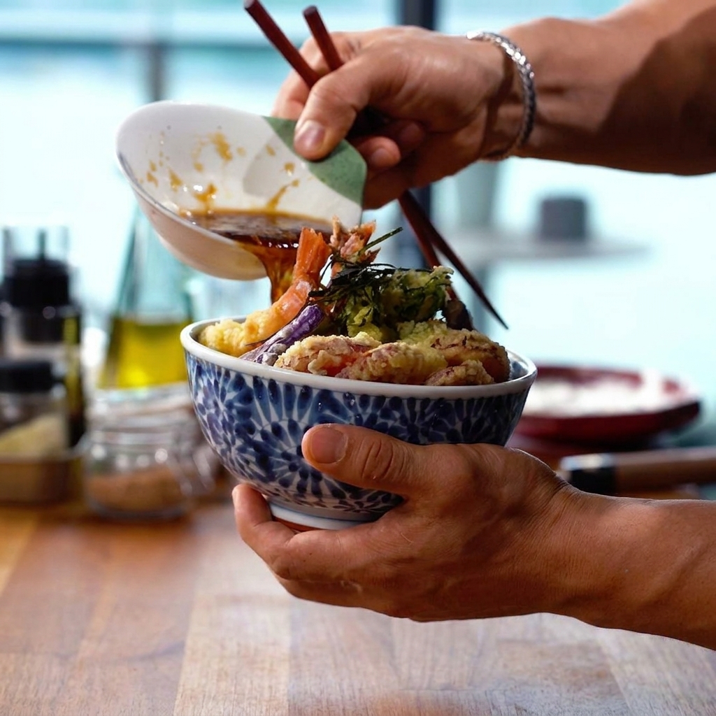 ご飯に天ぷらをのせ、たれをかけている様子。