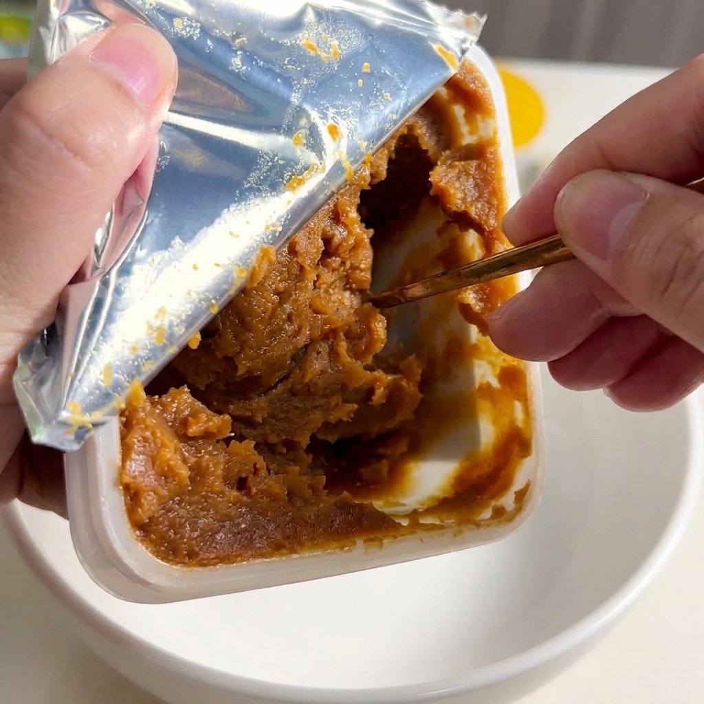 沸騰しかけたクリーミーなスープに、味噌が溶かされている様子