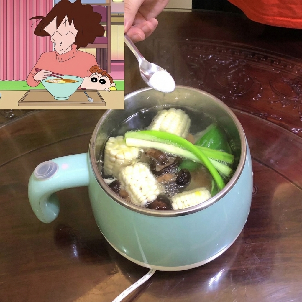 スープに塩を入れている様子。