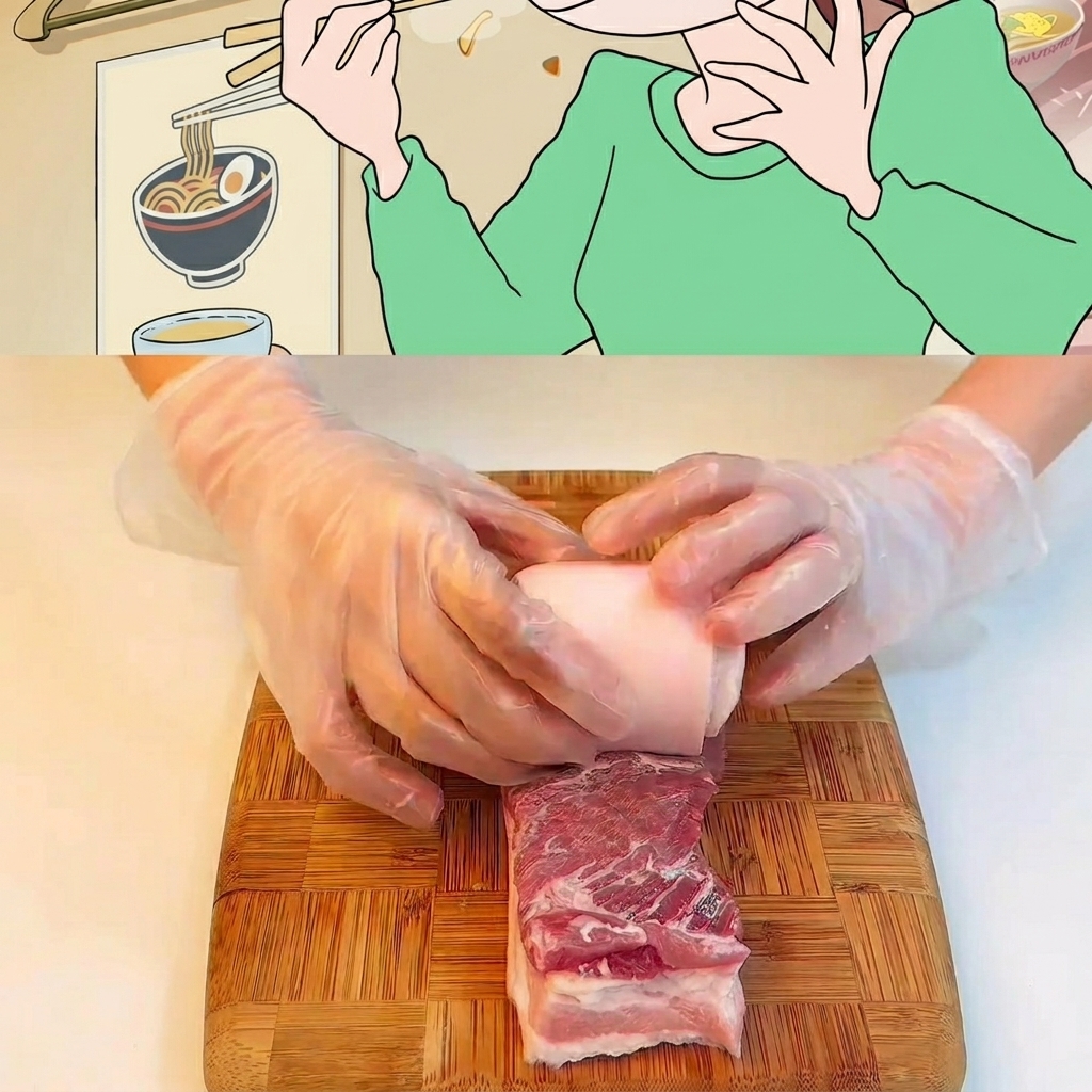 まな板の上でたこ糸を使い、丸めて縛られた生の豚バラ肉。