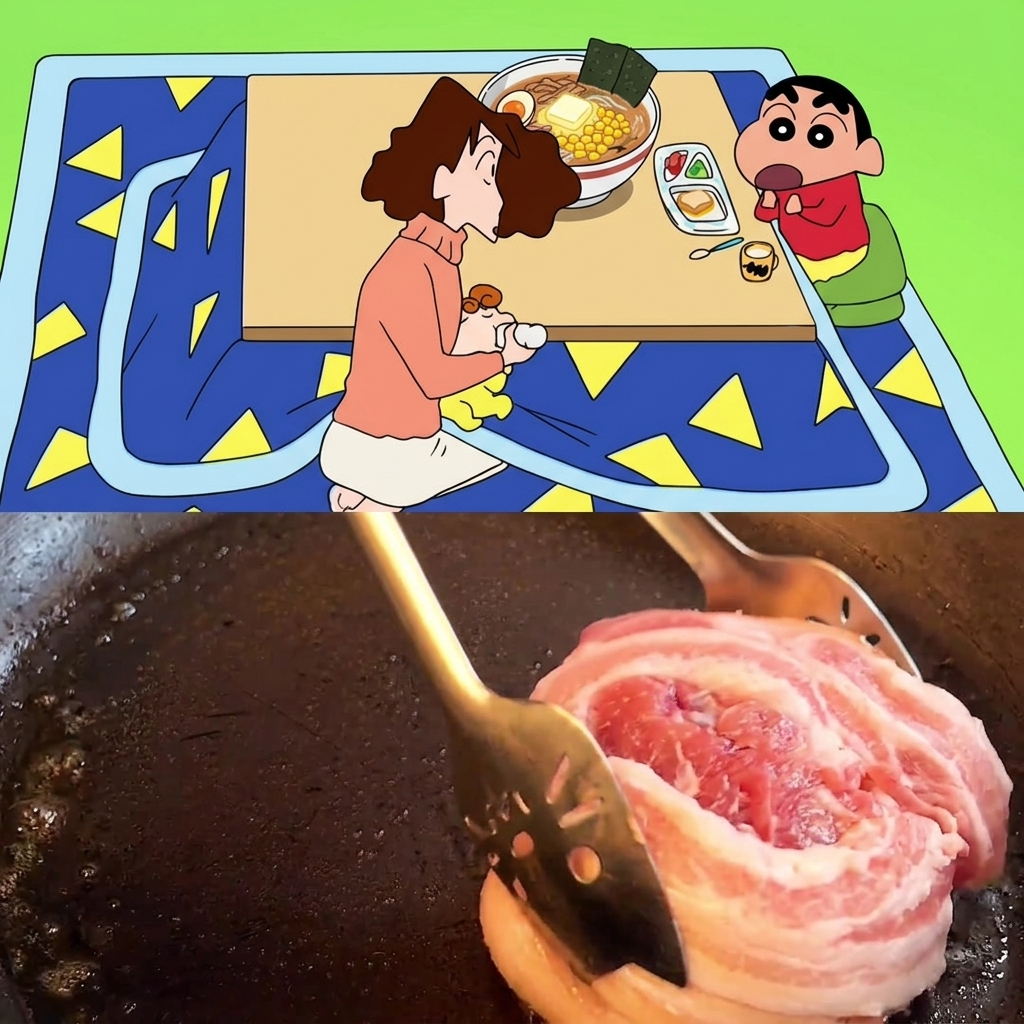 熱したフライパンで焼き色をつけられ、ヘラで転がされている豚バラロール。