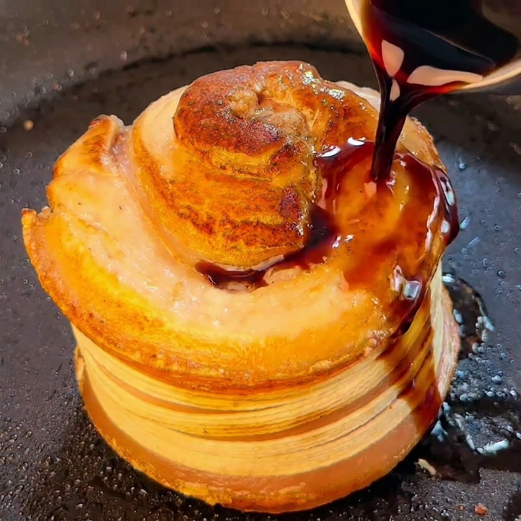 焼き色が着いた豚バラ肉に、醤油ベースの合わせ調味料が注がれている様子。