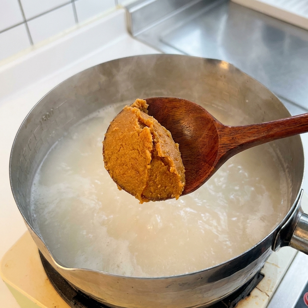 煮立っているボーンブロスに木べらで味噌を溶かしている様子。