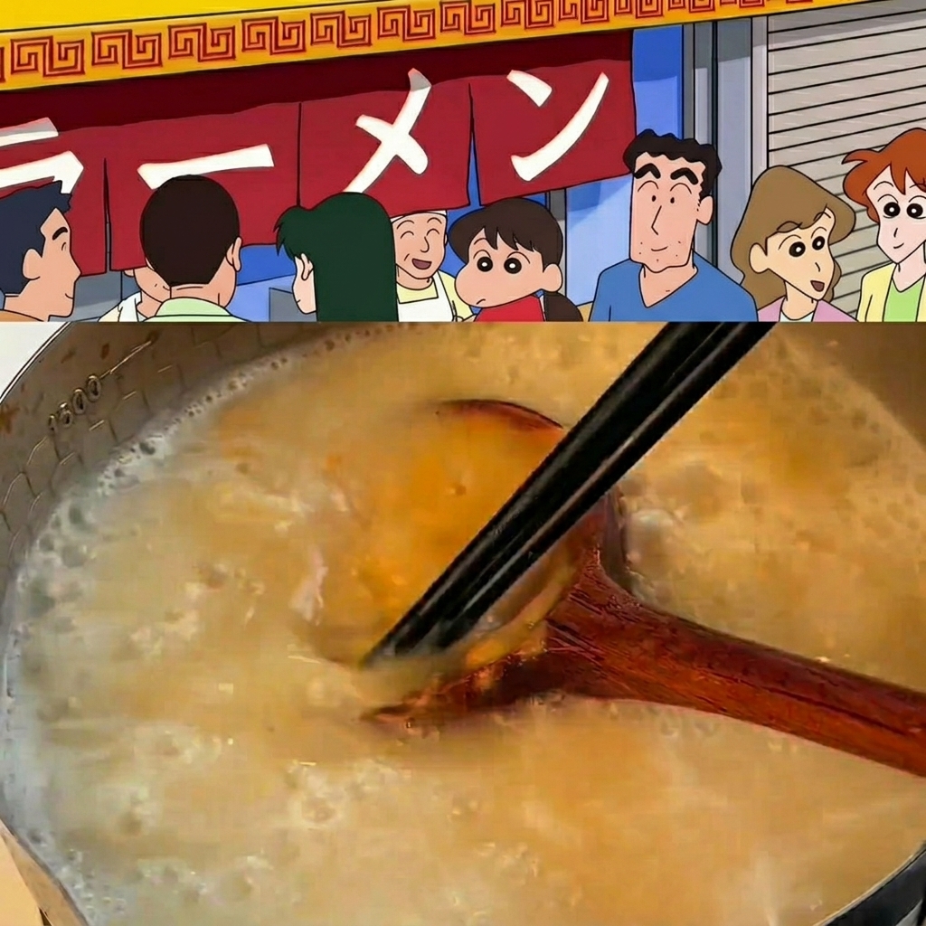 大きな鍋で味噌、にんにく、生姜が溶け込んだボーンブロスを混ぜている様子。