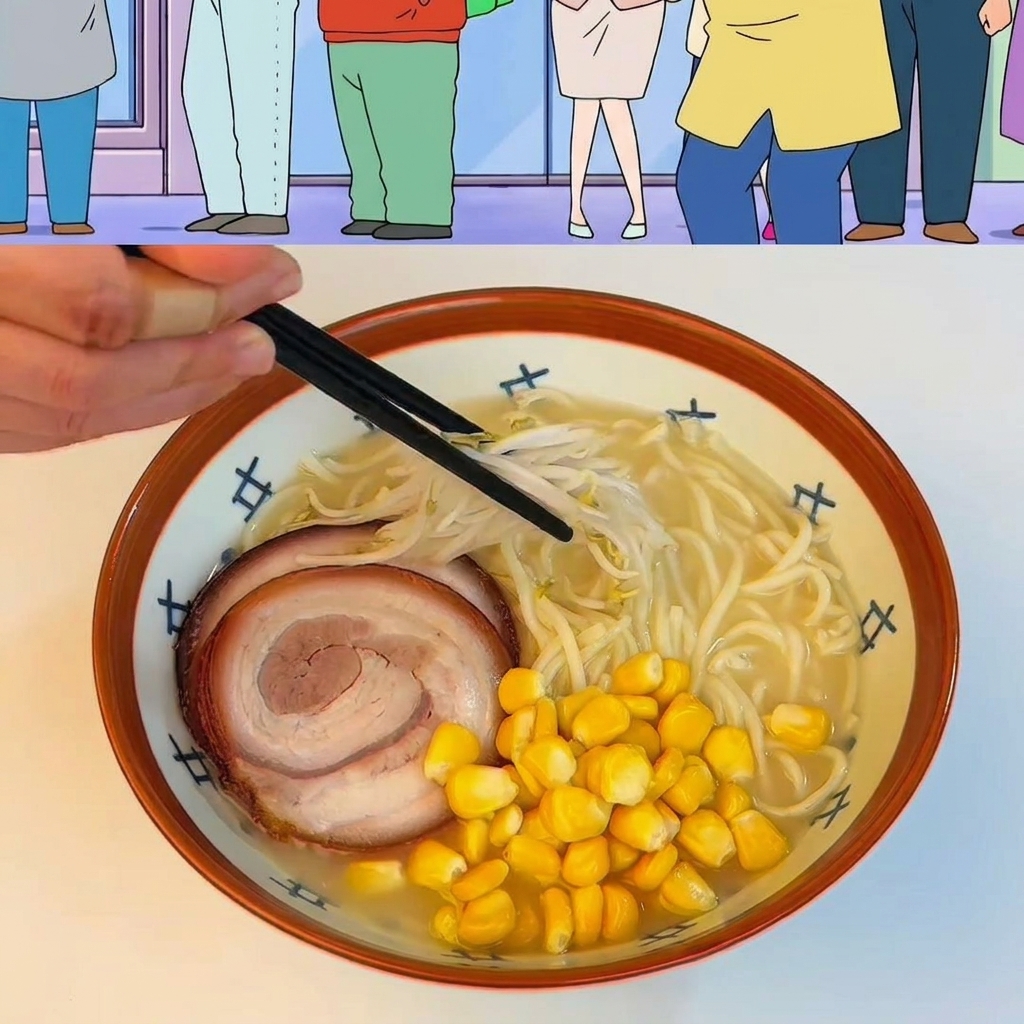 コーン、もやし、メンマ、ネギ、バターが美しくトッピングされた完成したラーメン。