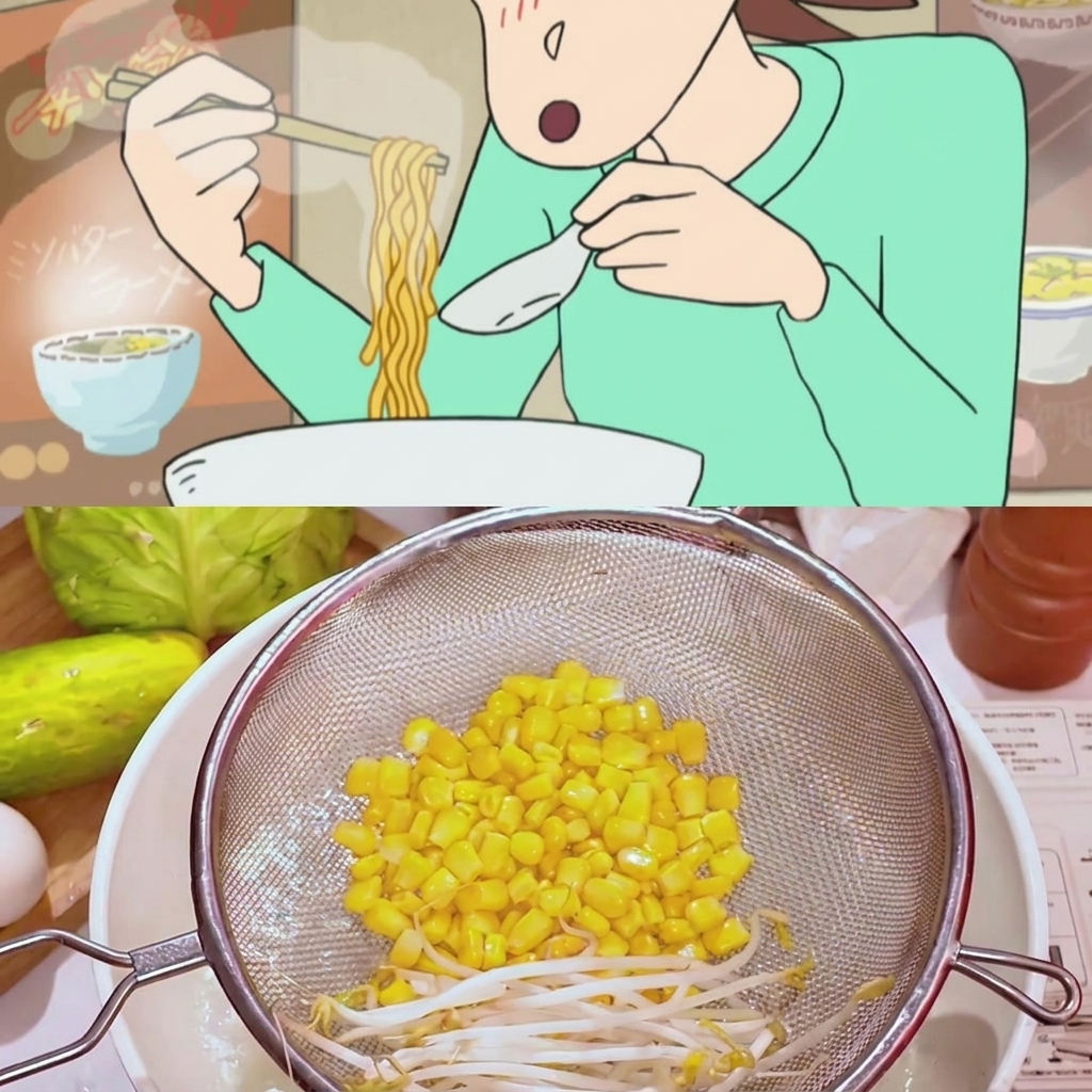 鍋で茹でているコーンともやし。