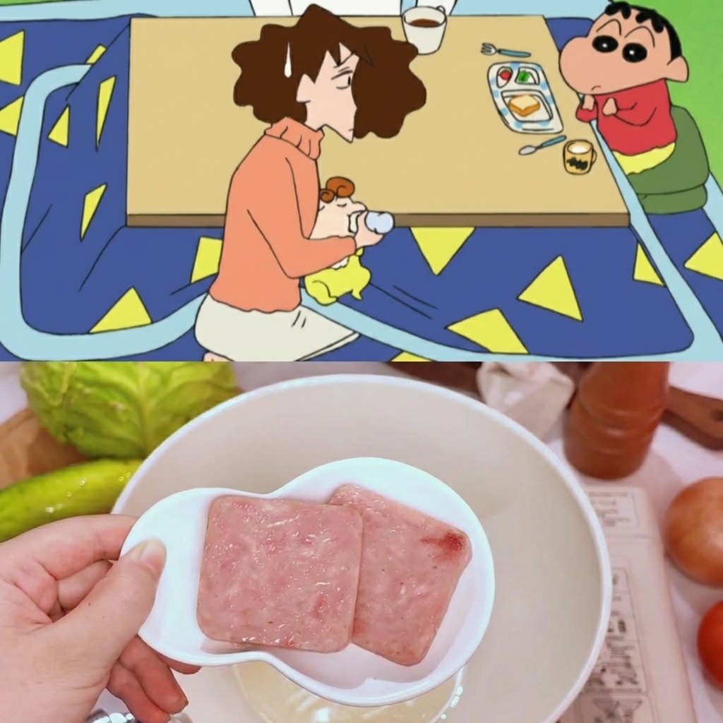 フライパンで焼いているランチョンミート。