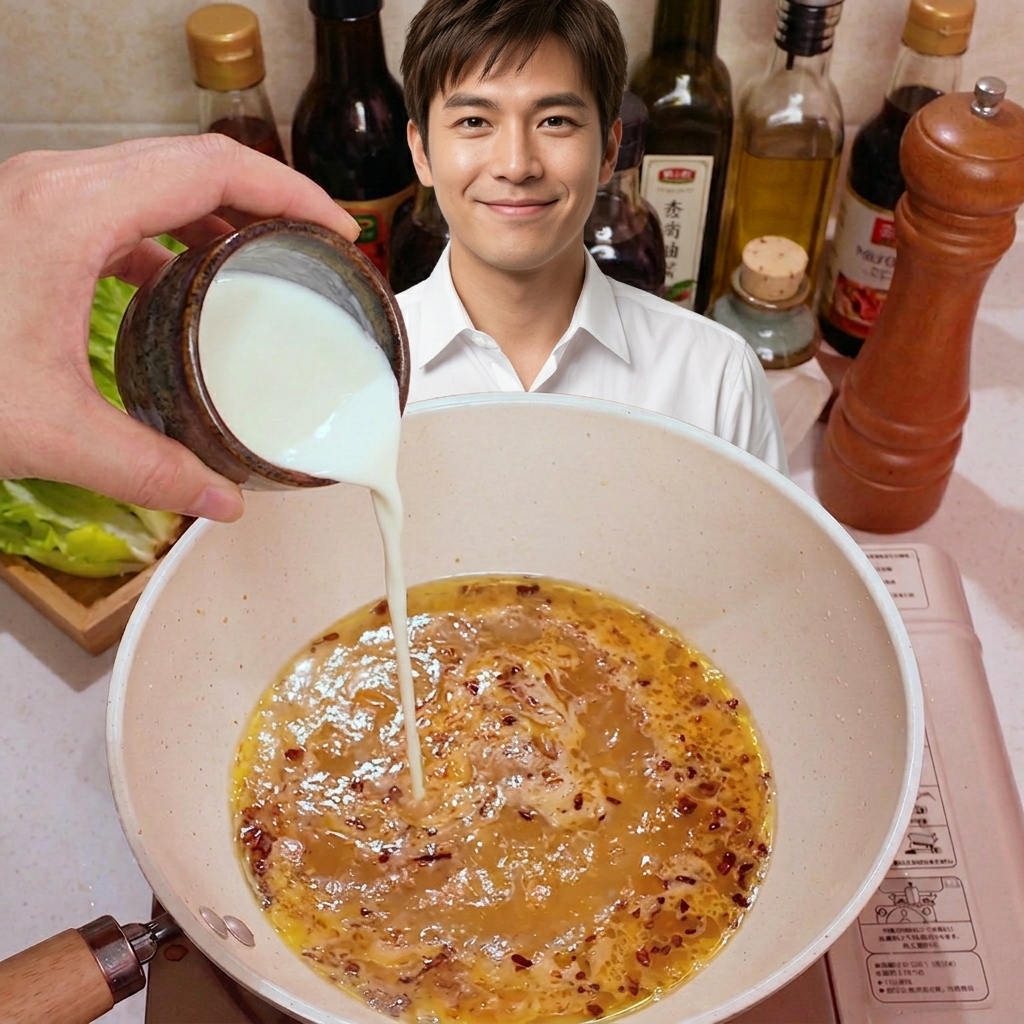 炒めたベースに牛乳を加える様子。