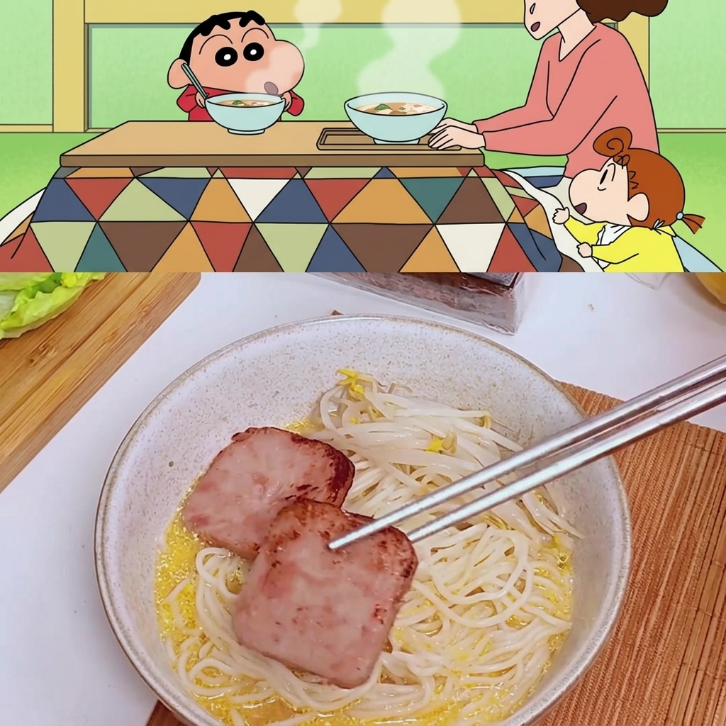 麺の上に焼いたランチョンミートをのせる様子。