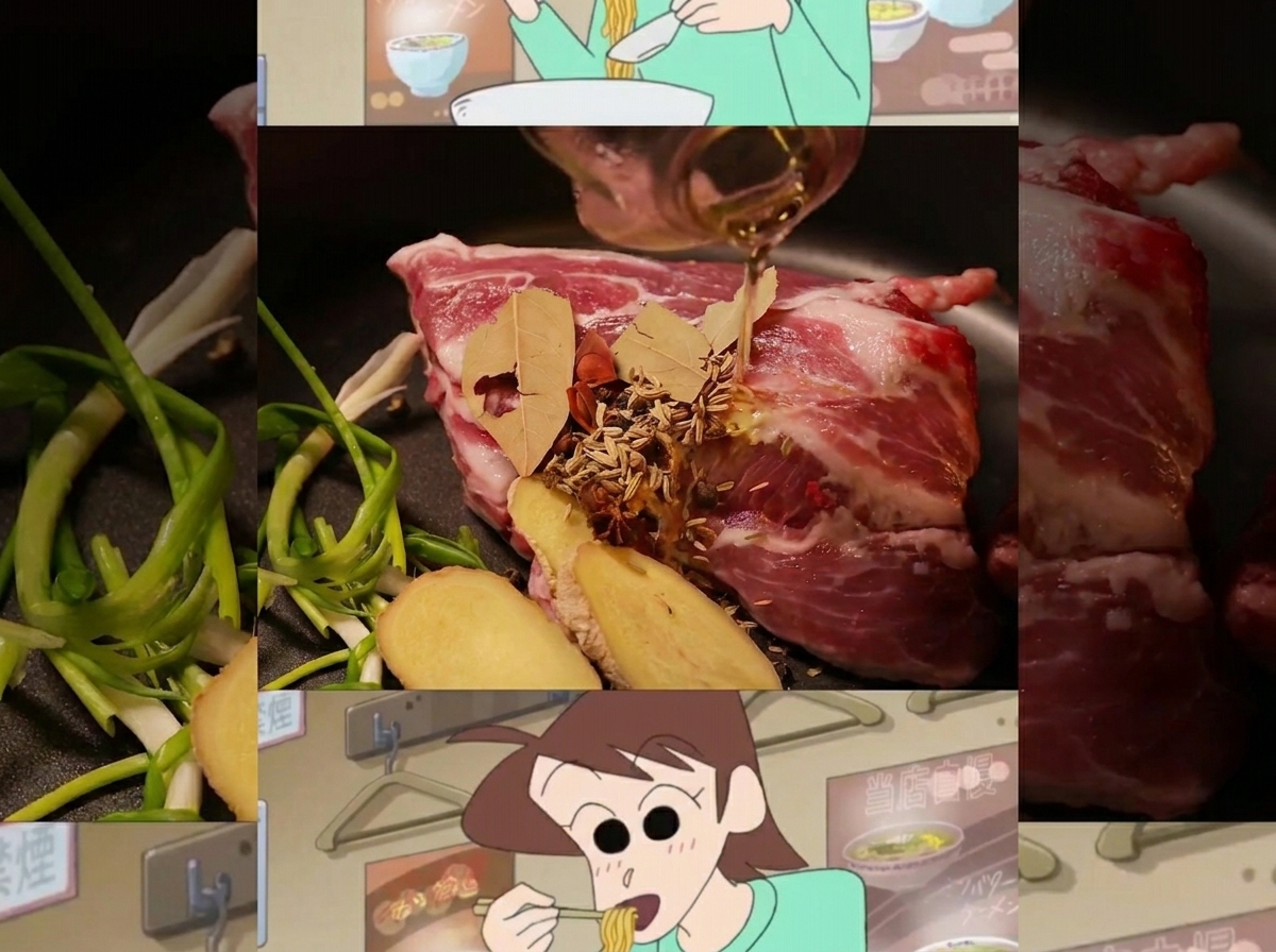 豚骨、生姜、スパイスを大きな鍋で煮込んでいる様子。