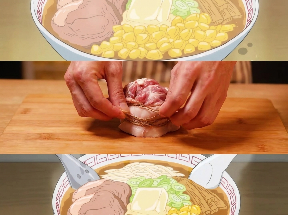 豚バラ肉をロール状にしてタコ糸で縛っている様子。