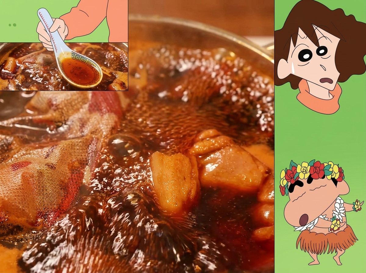 煮上がった豚バラ肉を厚切りにしている様子。