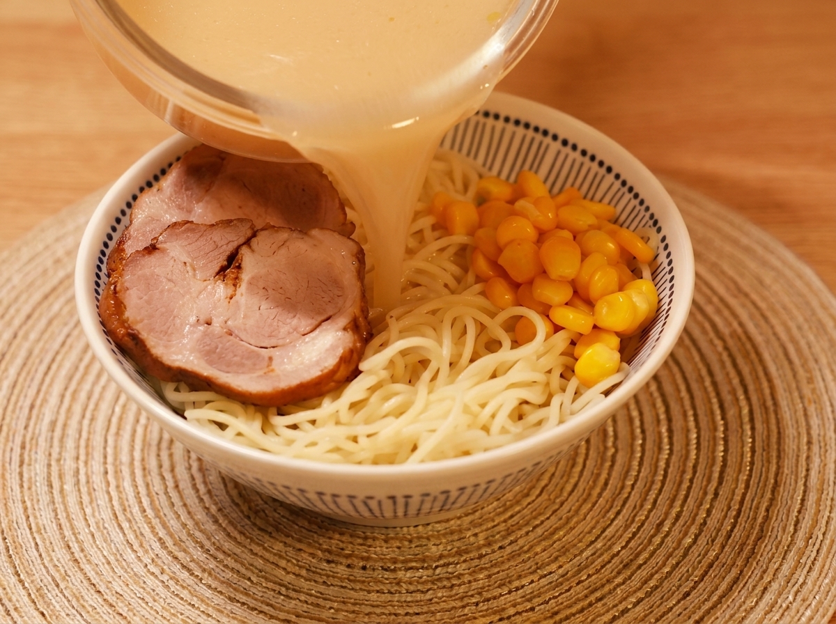 丼に麺、チャーシュー、コーンを盛り付け、熱いスープを注いでいる様子。