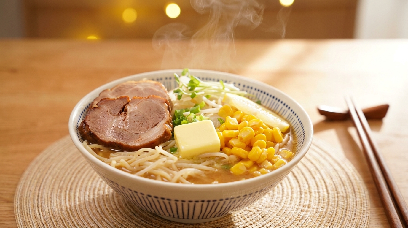 濃厚な味噌スープに、とろけるバターと甘いコーン、柔らかなチャーシューをトッピングした、本格的な味噌バターコーンラーメン。
