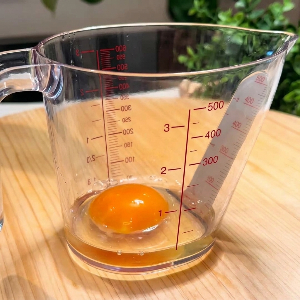 計量カップの中で箸を使って卵を溶く様子。