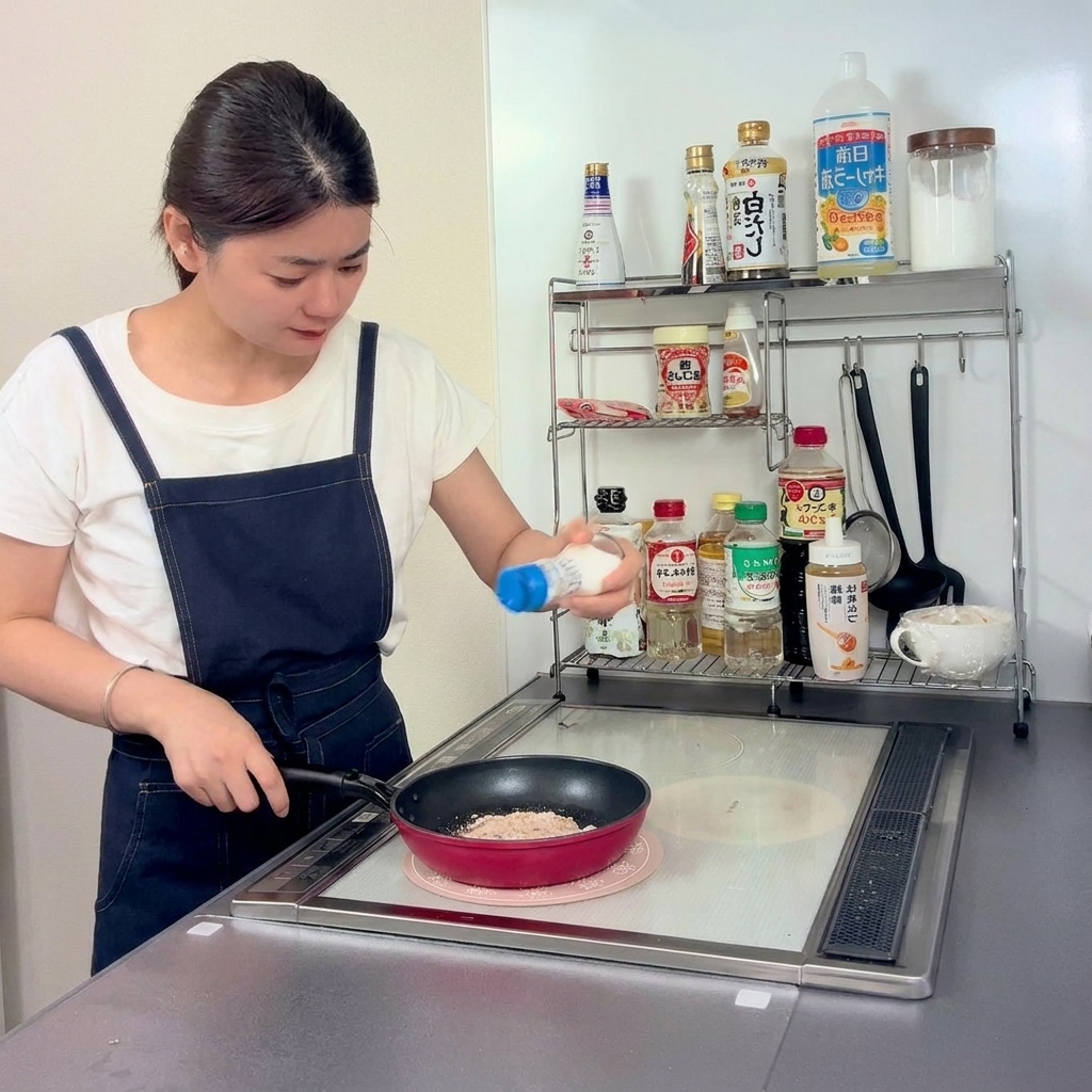 焼いている鶏肉に塩を振っている様子