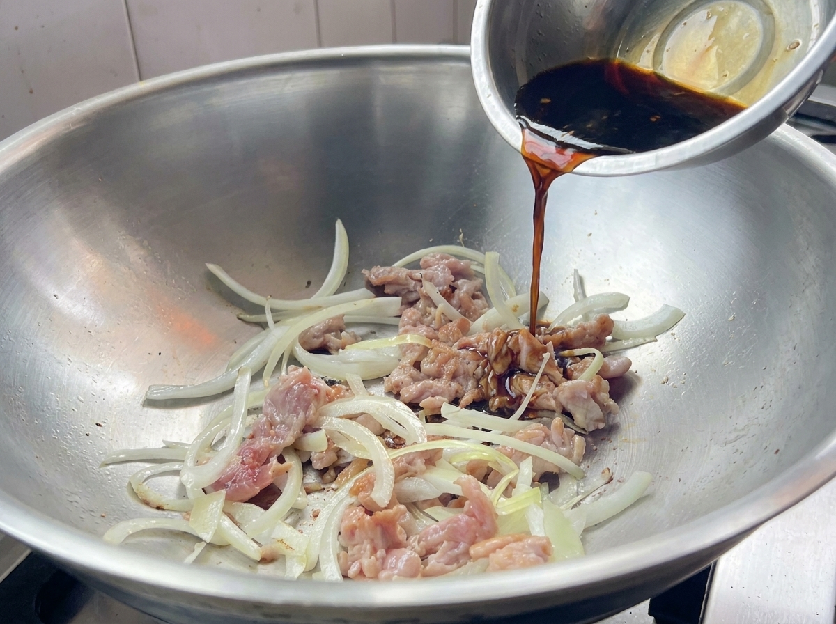 炒めた豚肉と玉ねぎに合わせ調味料を注いでいる様子
