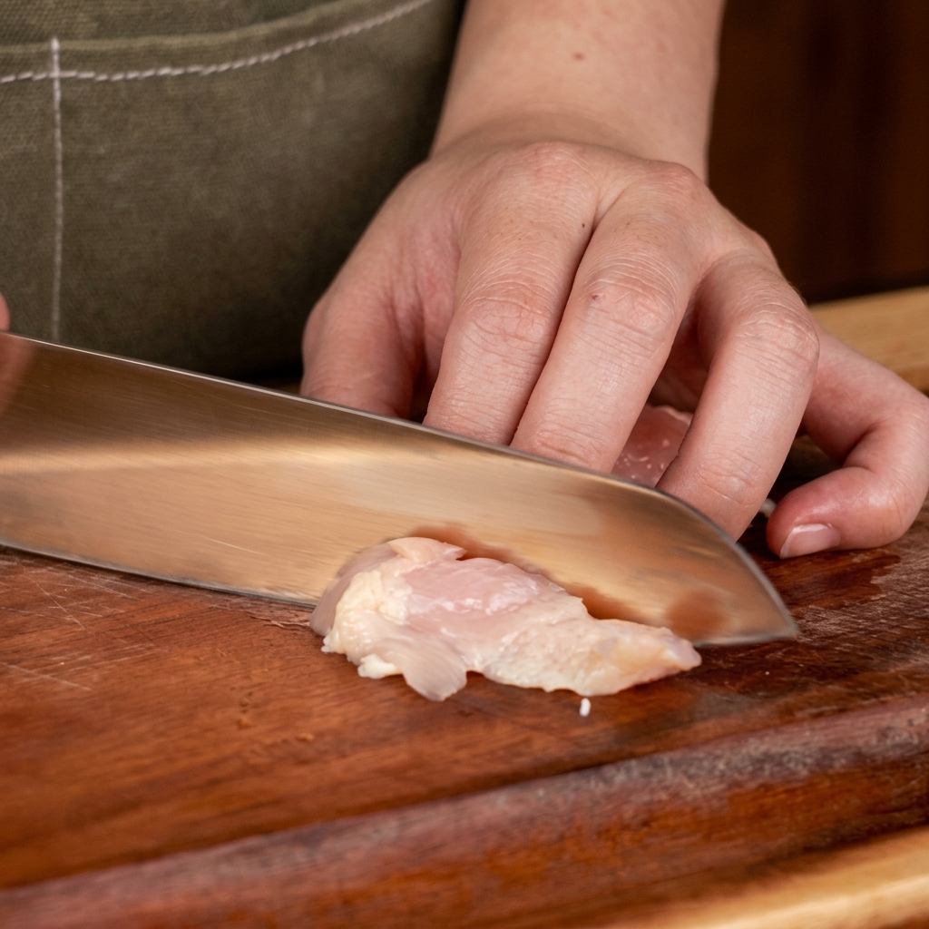 木製のまな板の上で、骨なし鶏もも肉を包丁で均等な一口大に切っている様子。