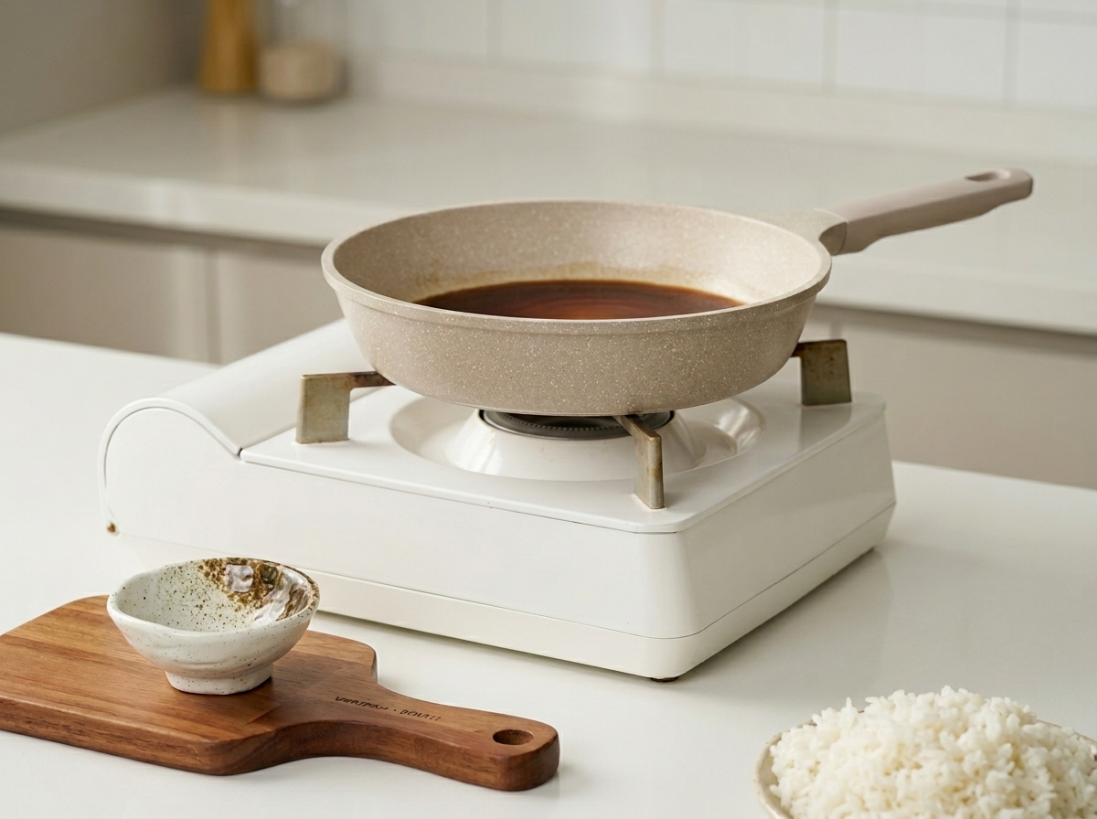 フッ素樹脂加工のフライパンに照り焼きのたれを注いでいる様子。