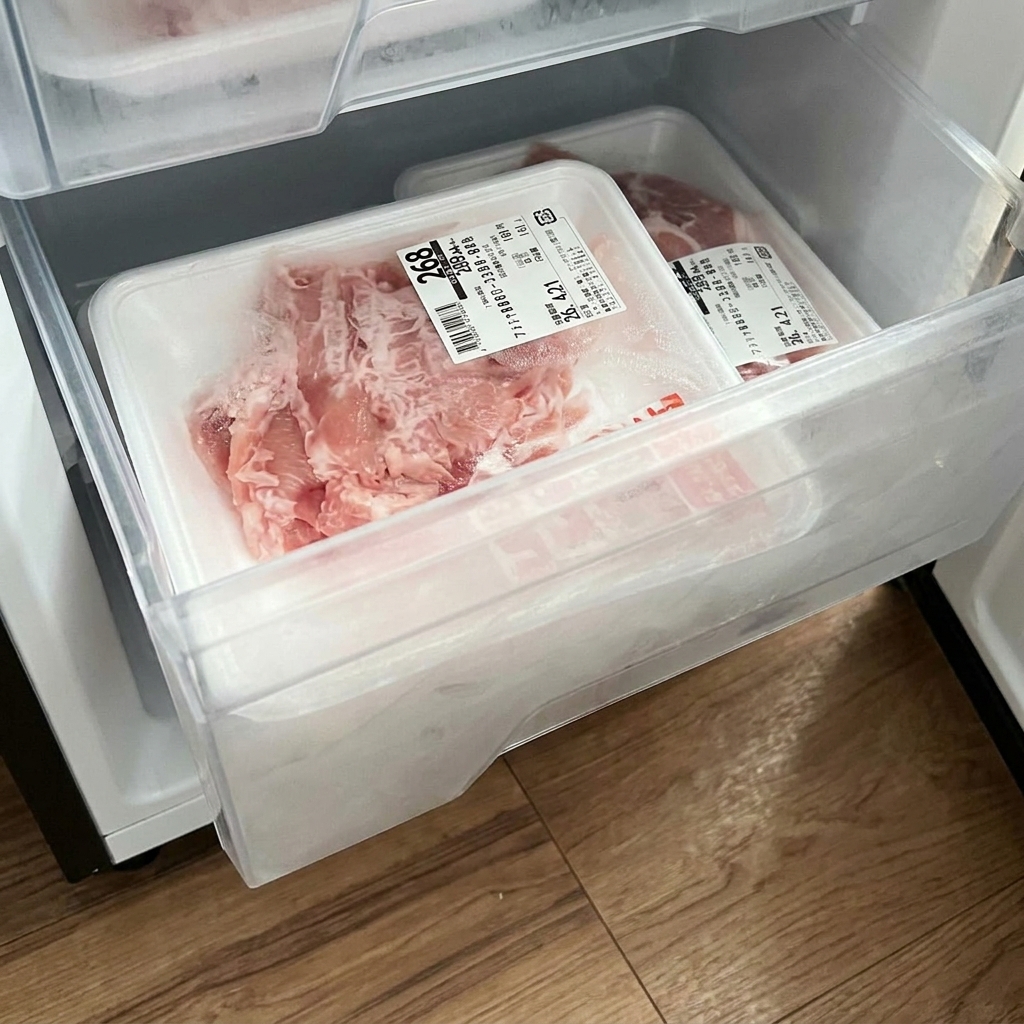 電子レンジで解凍中の鶏肉のパック