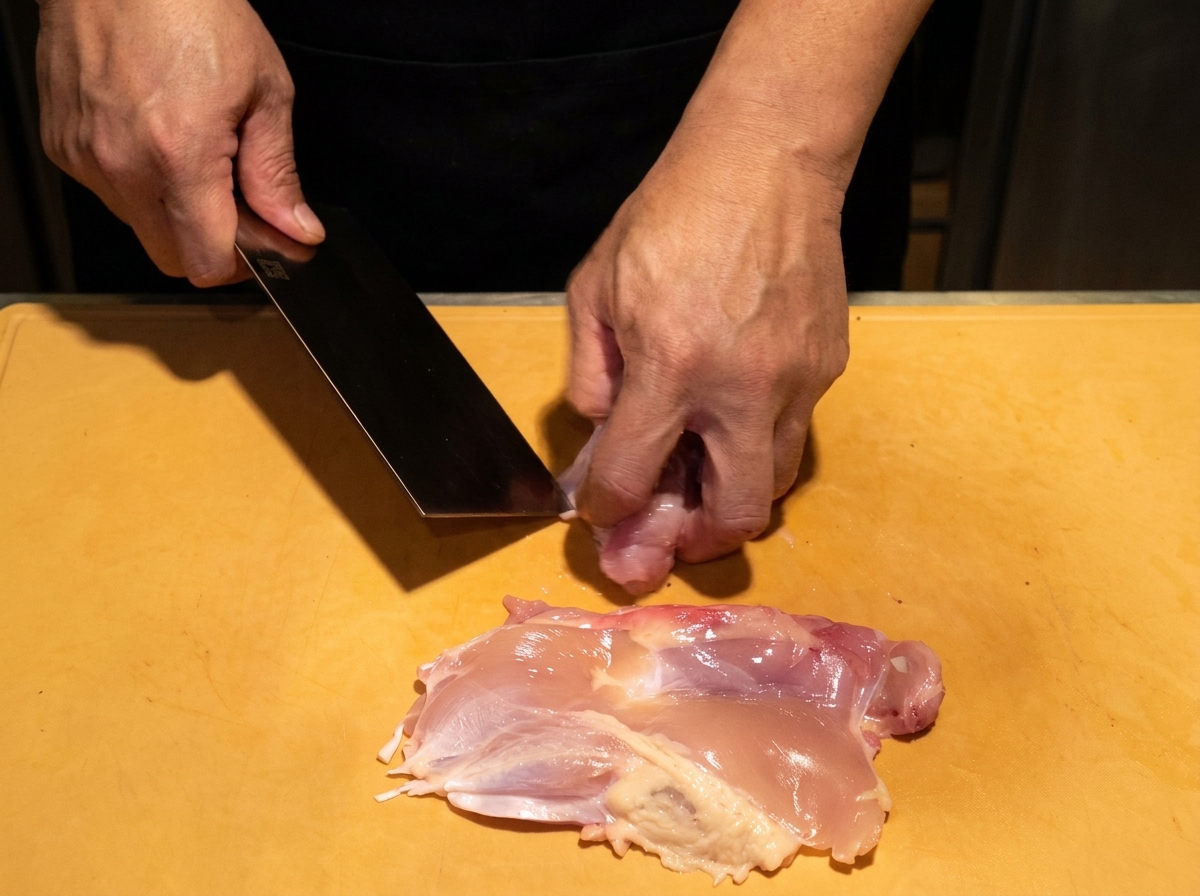 木製のまな板の上で、生の鶏もも肉を均等な一口大に切り分けている様子。